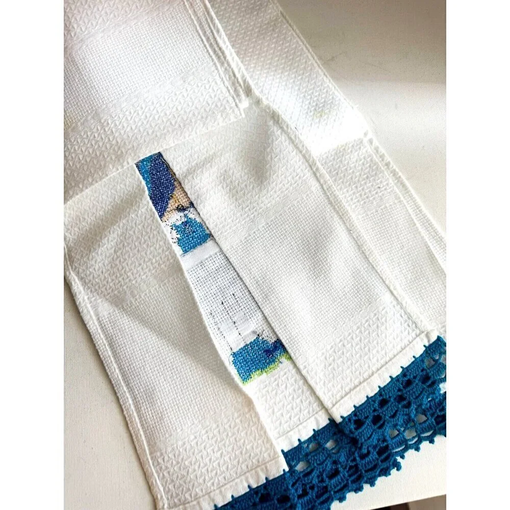 Vintage Crochet Detail Tea Towels Girl and Boy Motif Set of 2